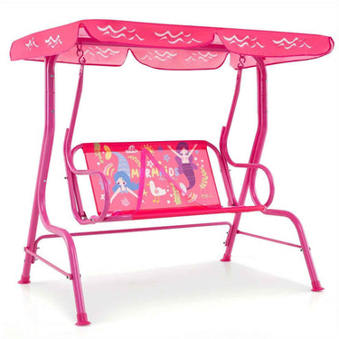 2-Seater Porch Swing Indoor / outdoor kids Chair Bench w/ Adjustable Tilt Canopy & Metal Stand Mermaid Pattern Pink